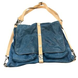 Pulicati Shoulder Bag Womens Large Blue Suede Leather Shimmer Made in Italy